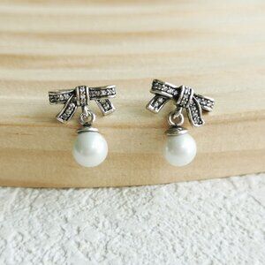 Pandora Sparkling Bow Drop Earrings, Silver Pearl